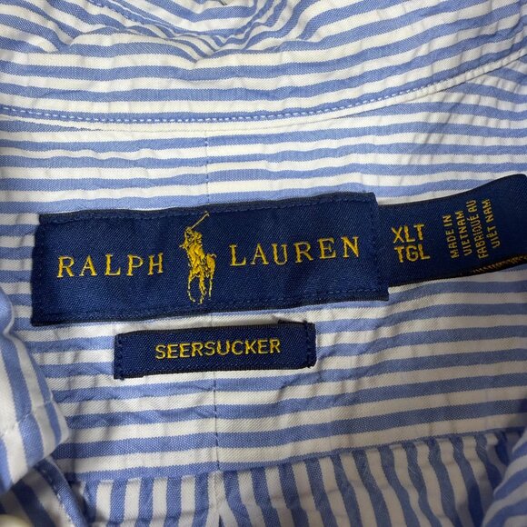 Ralph Lauren Seersucker Button Up Shirt Men's XLT Blue White Stripes GUC - Picture 2 of 6